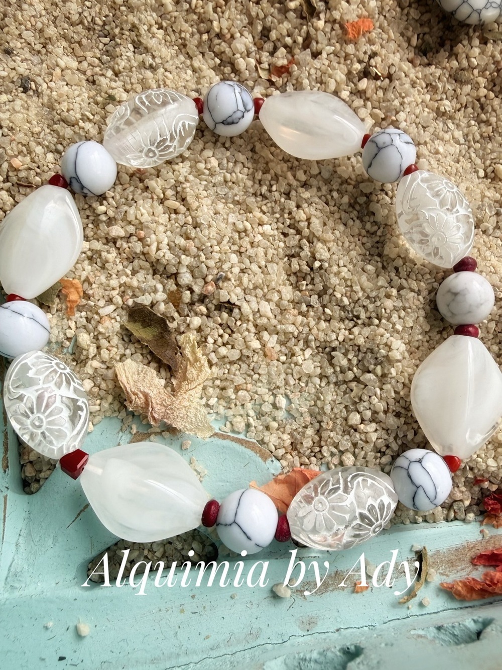 Alquimia White and Red Carved Bead Stretch Bracelet